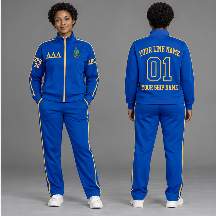Delta Delta Delta Cerulean Blue and Gold personalized track suit on an adult model, original supplied crest and ΔΔΔ letters, sample line name, line number 01, ship name, crossing year and chapter initials.