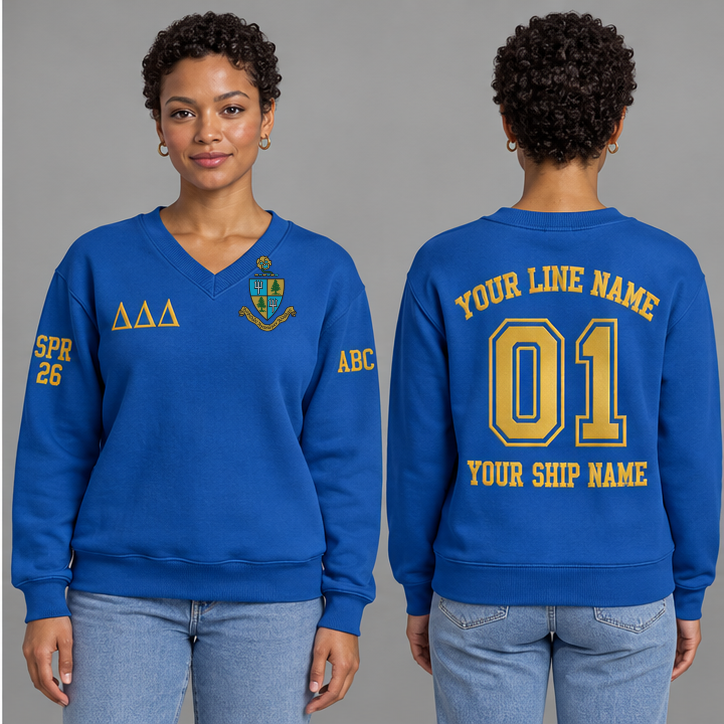Delta Delta Delta Cerulean Blue V-neck sweatshirt on an adult model with Gold Greek letters ΔΔΔ, original supplied crest, sample line name, number 01 and ship name, crossing year and chapter initials on sleeves.