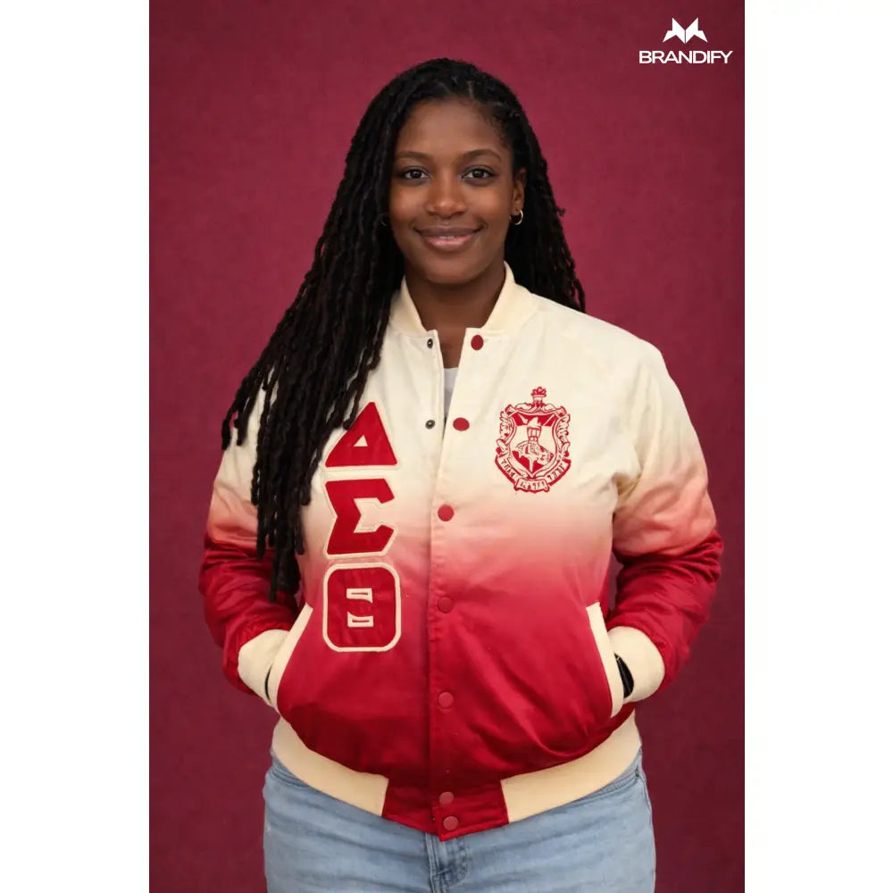 Custom Custom Delta Cream Ombre Bomber Jacket Custom Ribbon And Lining | Custom D9 personalized Greek apparel design
