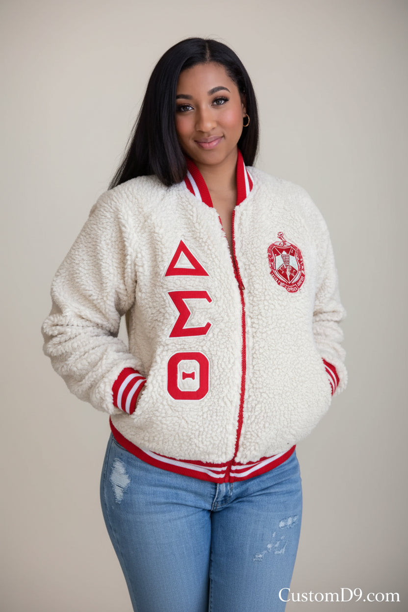 Custom Custom Delta Sherpa Bomber Jacket | Custom D9 personalized Greek apparel design