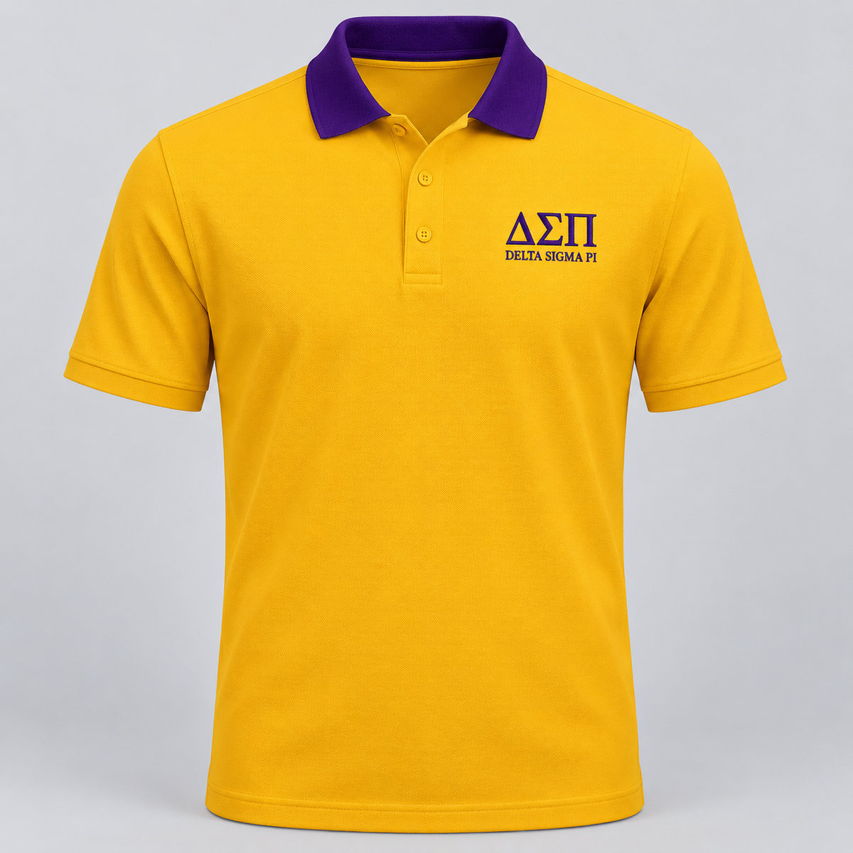 Delta Sigma Pi gold polo with deep purple contrast collar