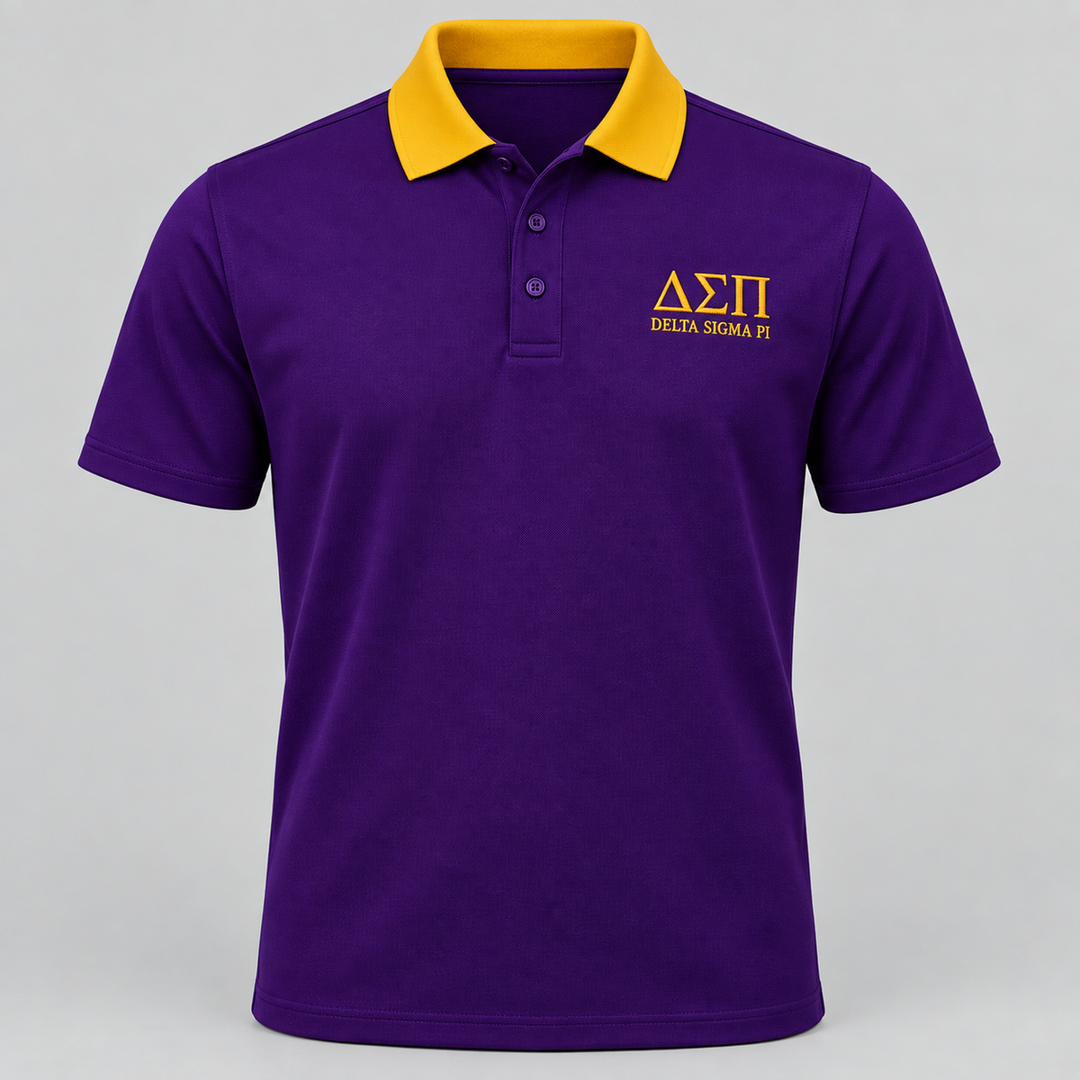 Delta Sigma Pi deep purple polo with gold contrast collar