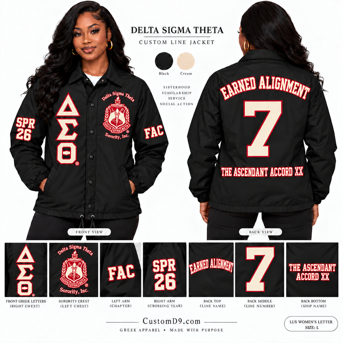 Black Delta Sigma Theta jacket with Delta Sigma Theta above crest and Sorority Inc. below, FAC left sleeve, SPR 26 right sleeve