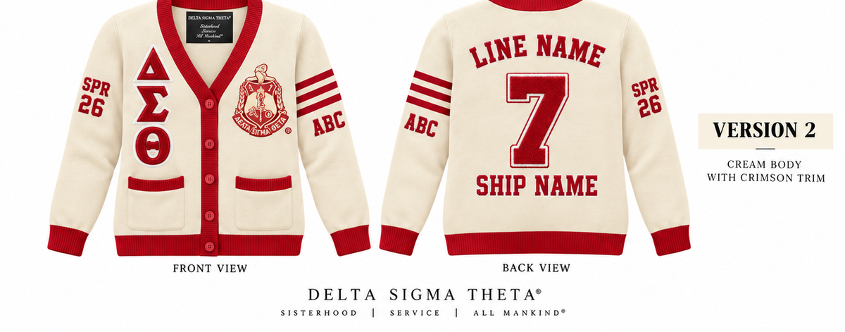 Delta Sigma Theta custom embroidered cardigan cream body crimson trim sample front and back