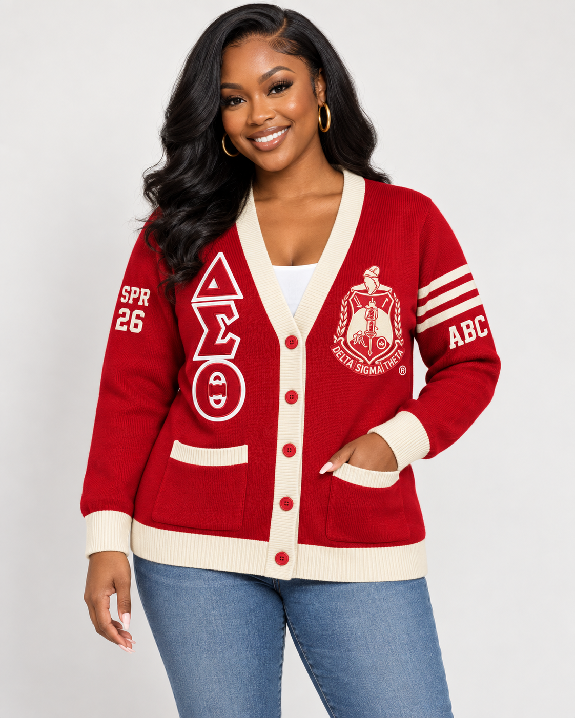 Delta Sigma Theta custom cardigan in crimson and cream shown on model
