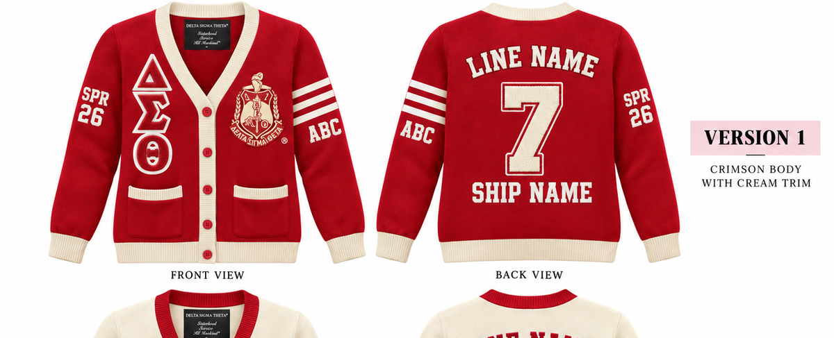 Delta Sigma Theta custom embroidered cardigan crimson body cream trim sample front and back