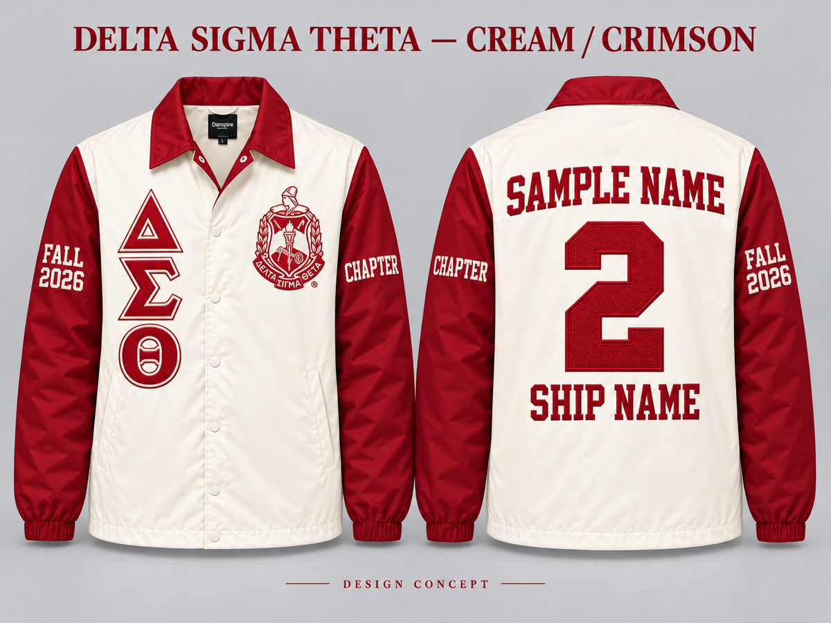 Delta Sigma Theta Cream body with Crimson collar and sleeves contrast line jacket, front and back sample embroidery