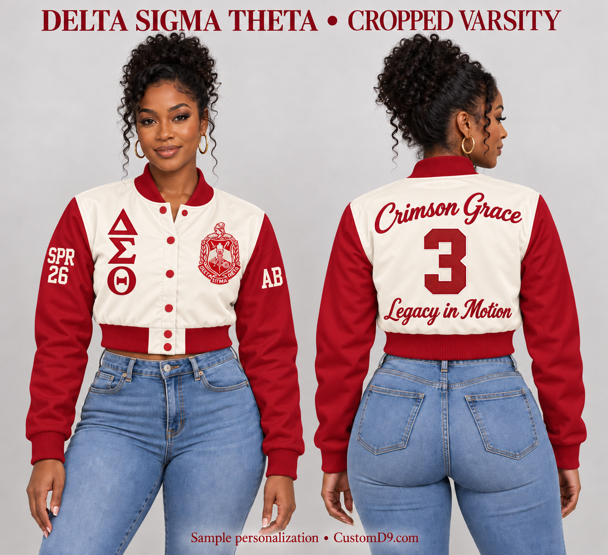Delta Sigma Theta cropped satin varsity jacket, Cream body and Crimson sleeves, front and back model views of optional personalization