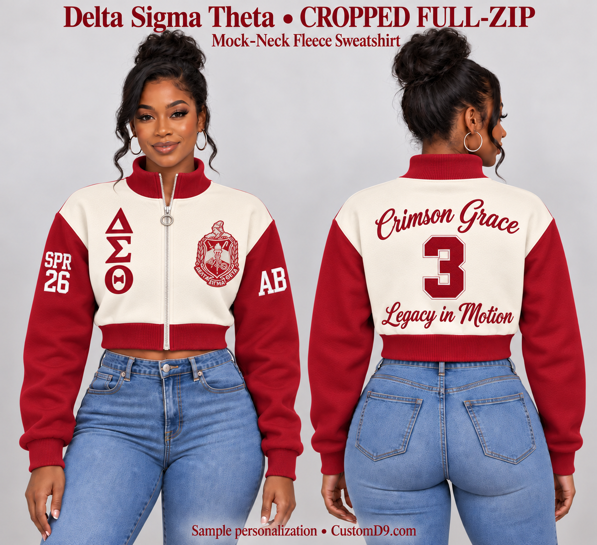 Delta Sigma Theta Cream & Crimson Cropped Mock-Neck Full-Zip Sweatshirt, front and back model views showing optional paid personalization