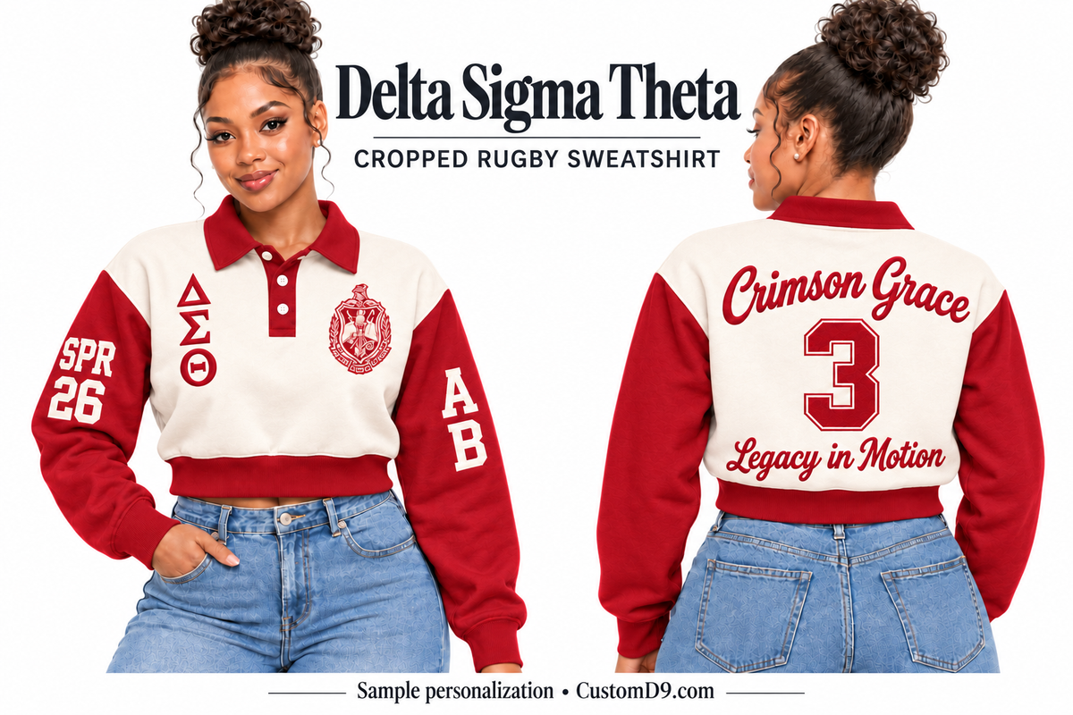 Delta Sigma Theta Cream & Crimson Cropped Rugby Sweatshirt, front and back model views with optional crest, Greek letters and sample sleeve and back personalization
