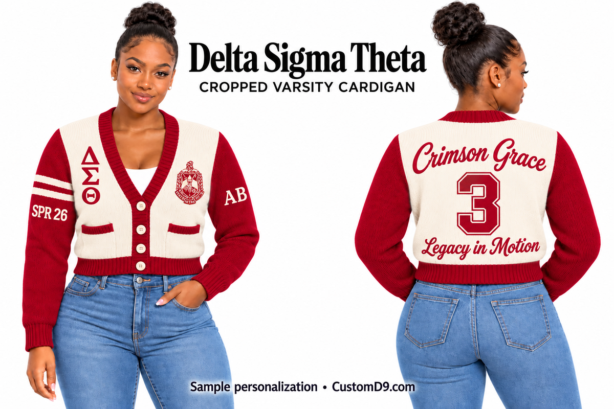 Delta Sigma Theta cream & crimson Cropped Varsity Cardigan on model, front and back showing optional crest, Greek letters and sample personalization