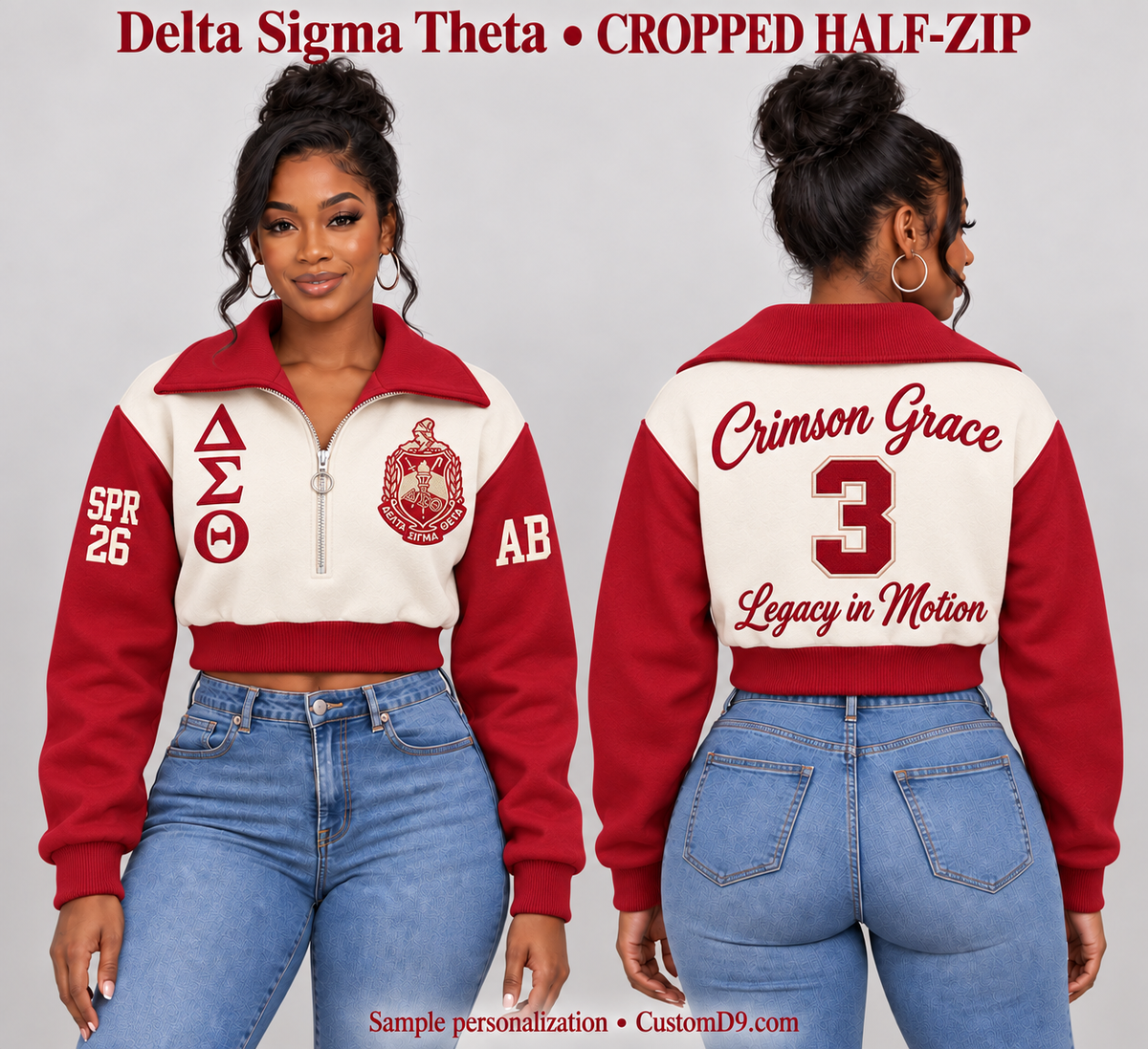 Delta Sigma Theta Cream & Crimson Cropped Wide-Collar Half-Zip Sweatshirt, front and back model views showing optional paid personalization