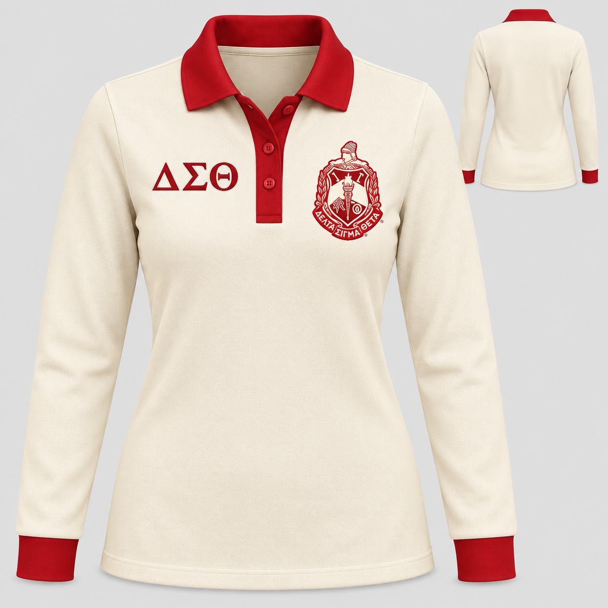 Delta Sigma Theta cream body crimson collar placket and cuffs long sleeve contrast polo front and back