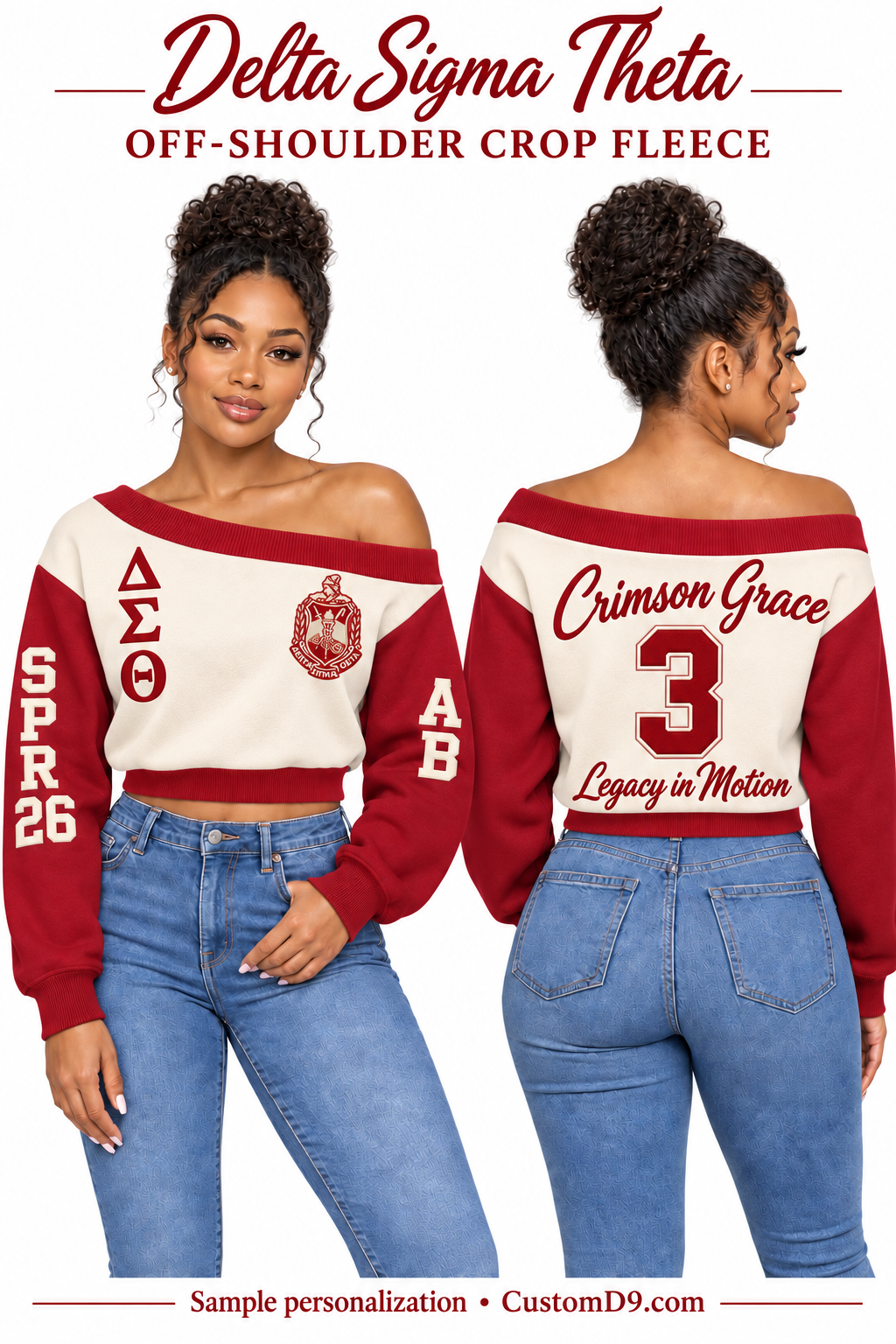 Delta Sigma Theta Cream & Crimson Off-Shoulder Cropped Sweatshirt, front and back model views of optional crest, letters and personalized embroidery