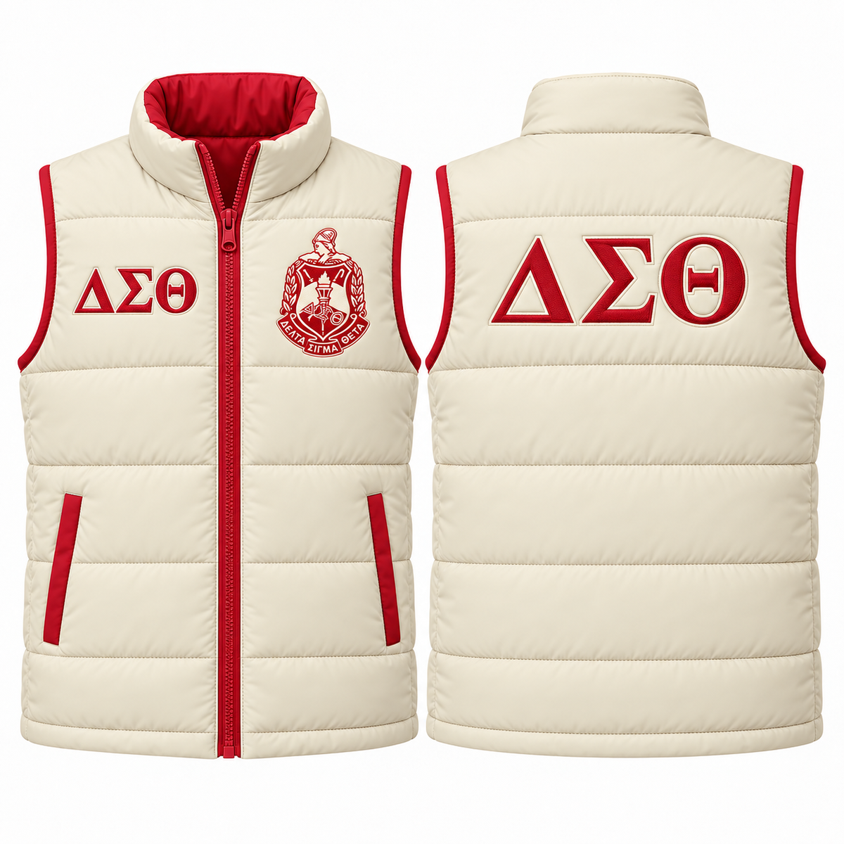 Delta Sigma Theta cream and crimson custom embroidered puffer vest front and back