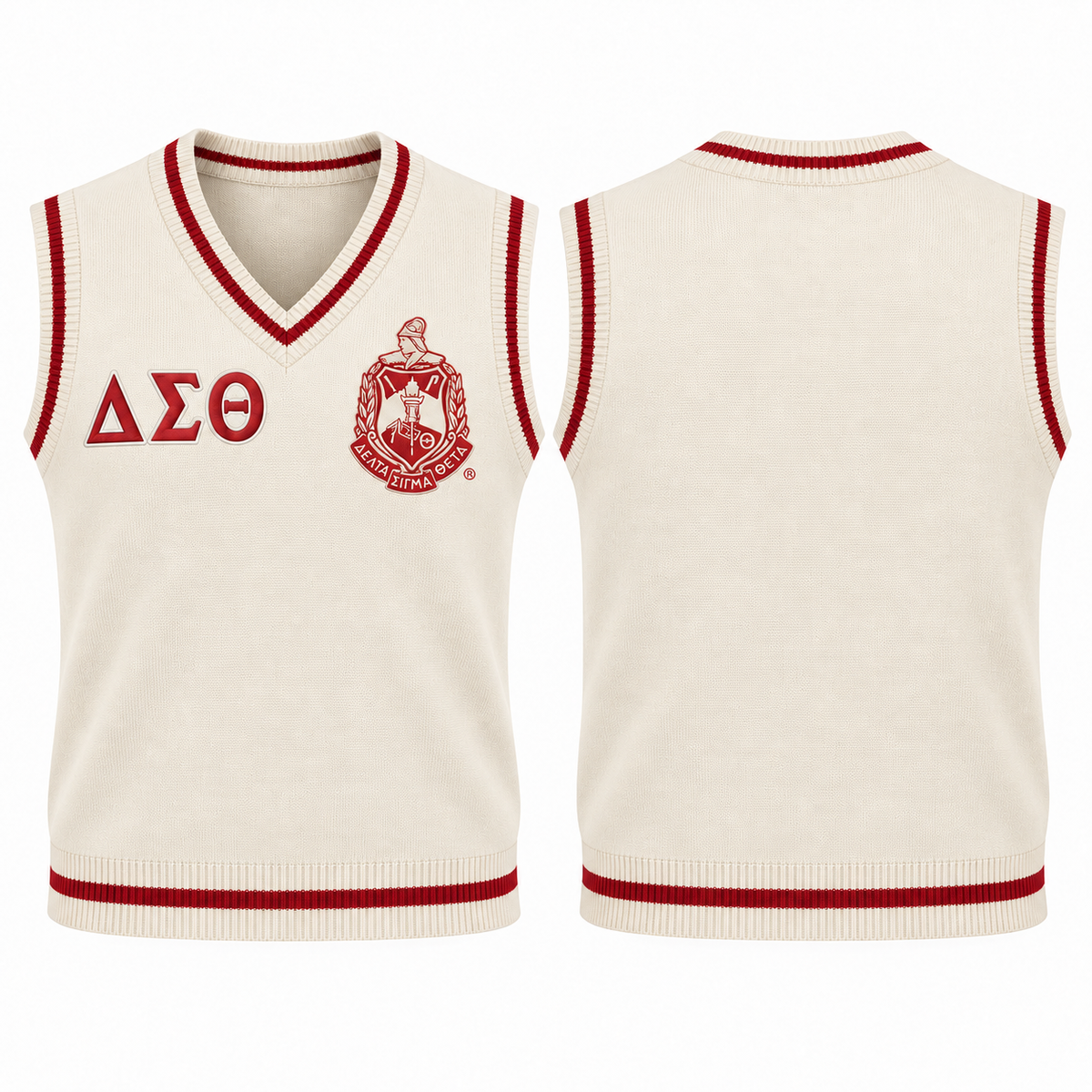 Delta Sigma Theta cream and crimson varsity sweater vest front and back
