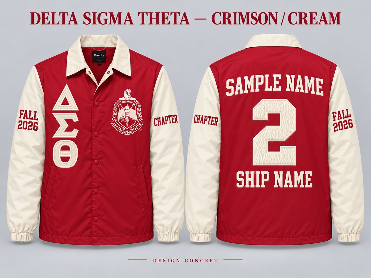 Delta Sigma Theta Crimson body with Cream collar and sleeves contrast line jacket, front and back sample embroidery