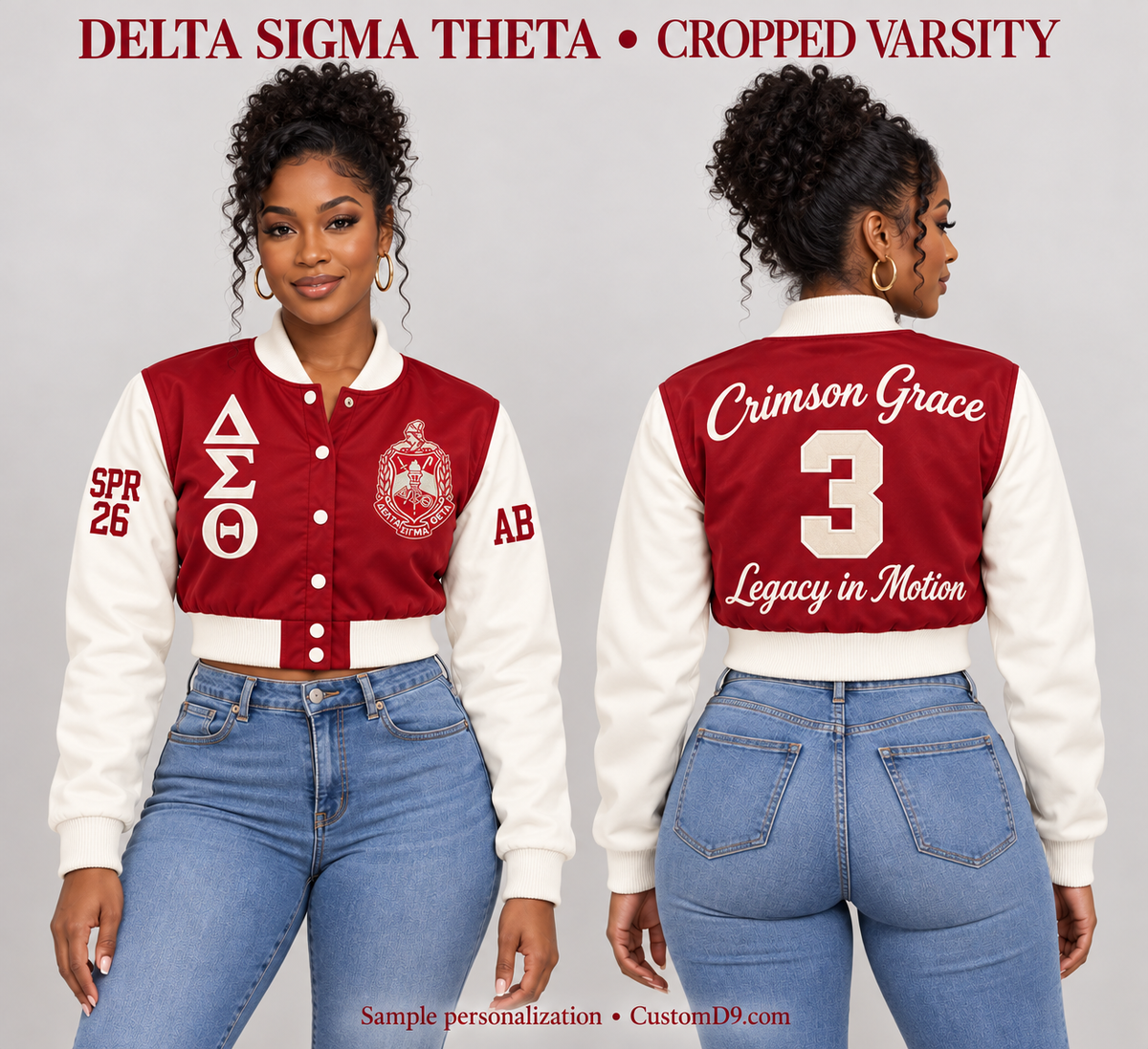 Delta Sigma Theta cropped satin varsity jacket, Crimson body and Cream sleeves, front and back model views of optional personalization