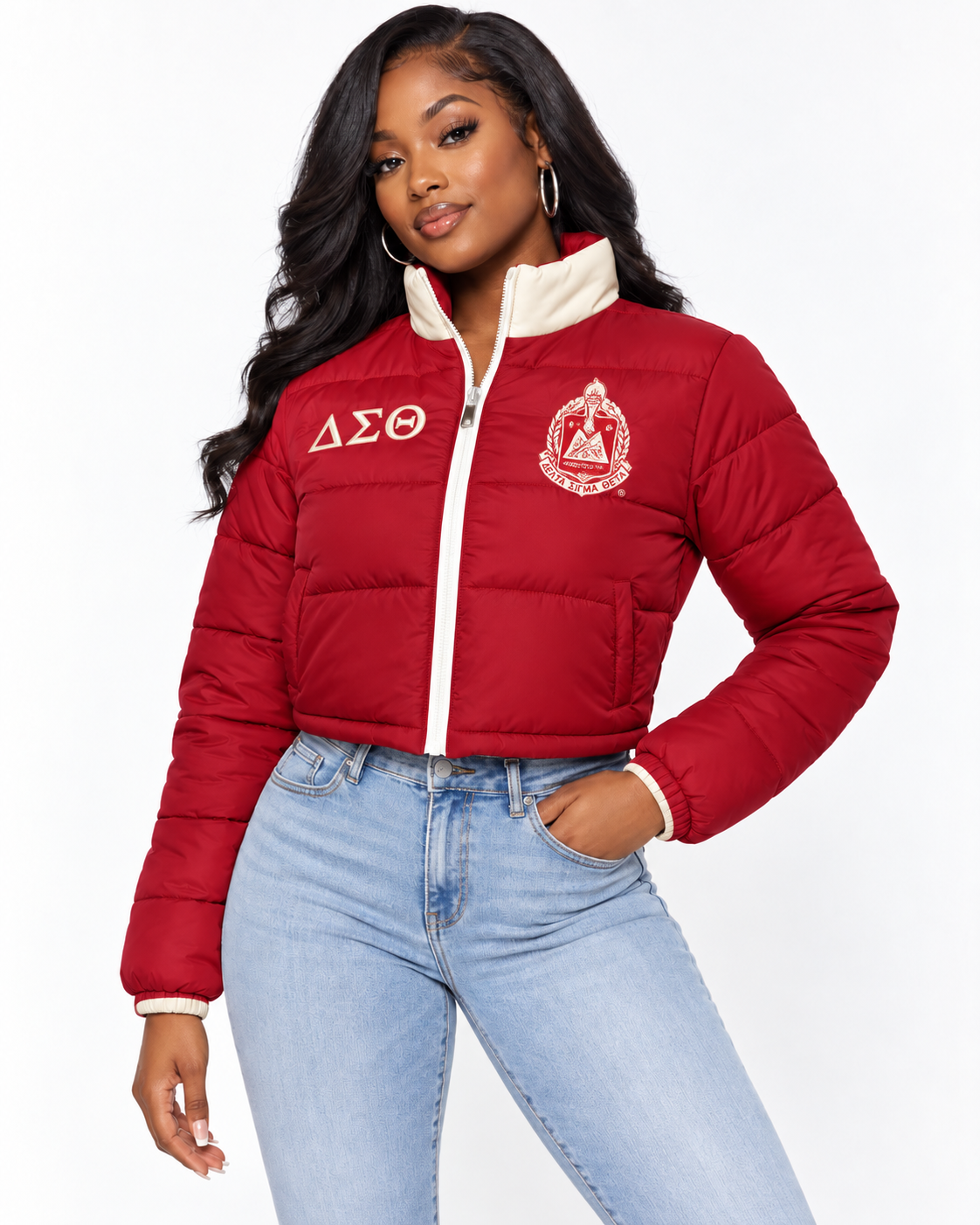 Delta Sigma Theta crimson cropped puffer jacket with cream contrast and embroidery on female model