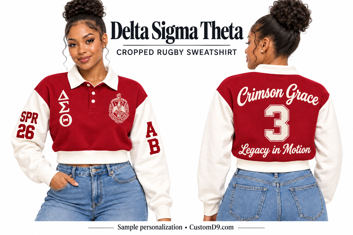 Delta Sigma Theta Crimson & Cream Cropped Rugby Sweatshirt, front and back model views with optional crest, Greek letters and sample sleeve and back personalization