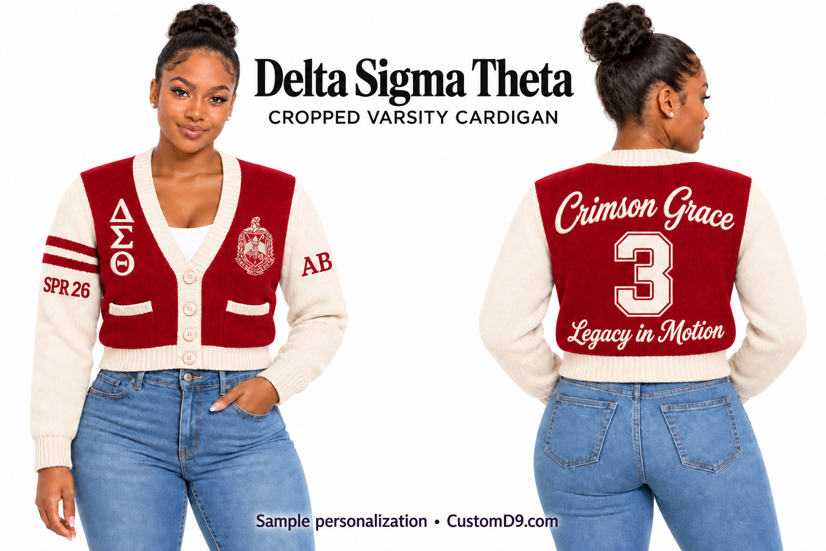 Delta Sigma Theta crimson & cream Cropped Varsity Cardigan on model, front and back showing optional crest, Greek letters and sample personalization