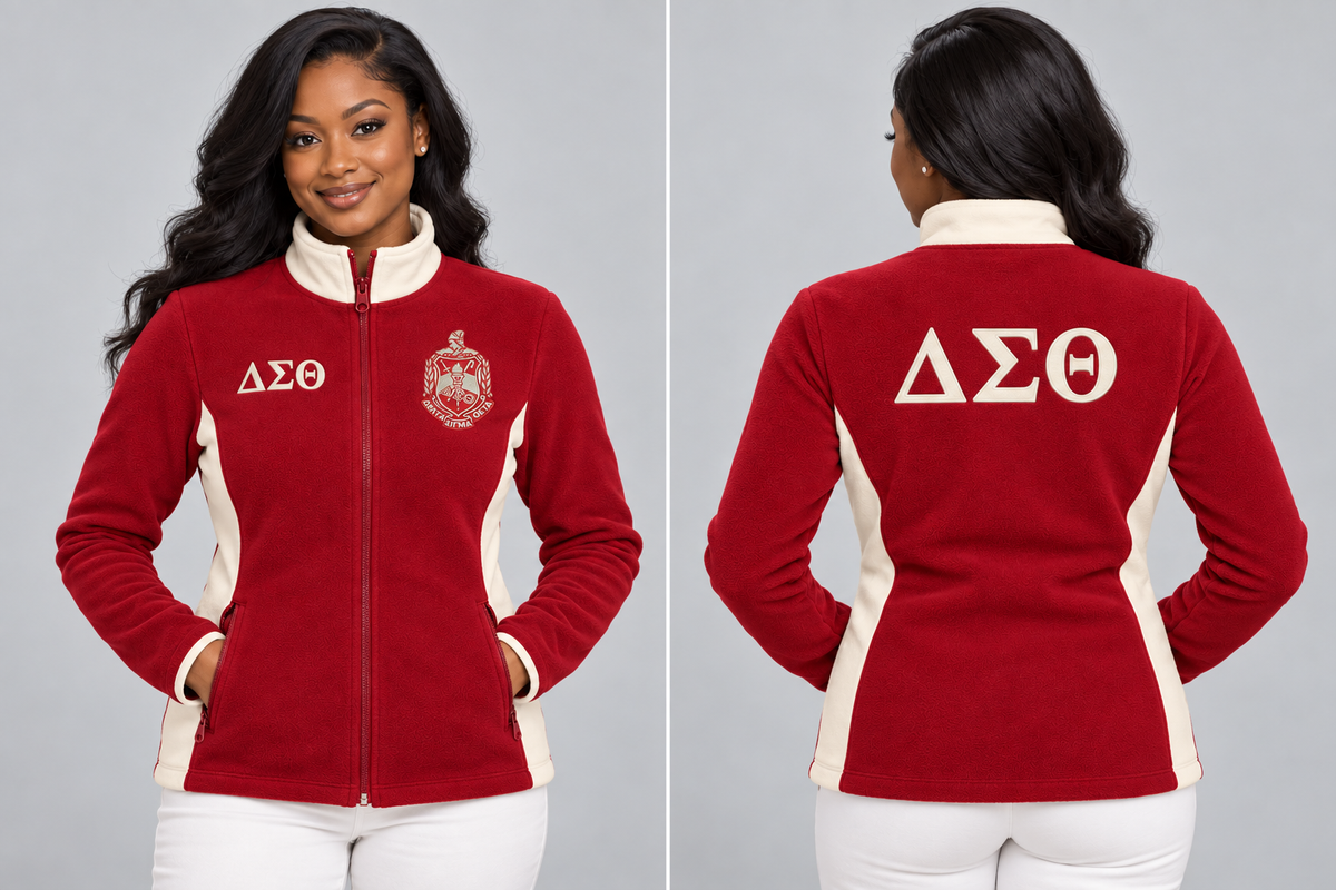 Delta Sigma Theta fitted Crimson and Cream polar fleece jacket on woman model, front and back