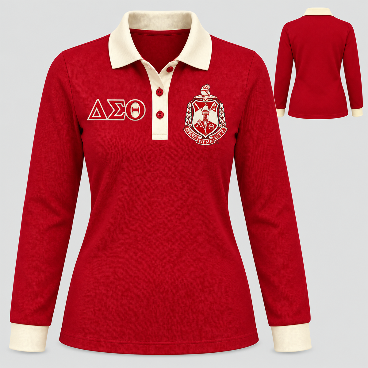 Delta Sigma Theta crimson body cream collar placket and cuffs long sleeve contrast polo front and back
