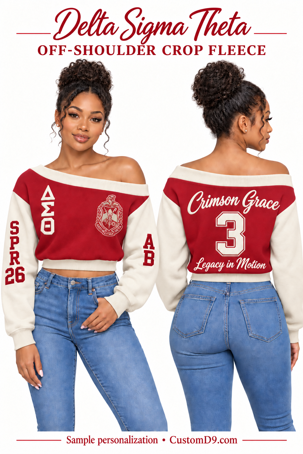 Delta Sigma Theta Crimson & Cream Off-Shoulder Cropped Sweatshirt, front and back model views of optional crest, letters and personalized embroidery