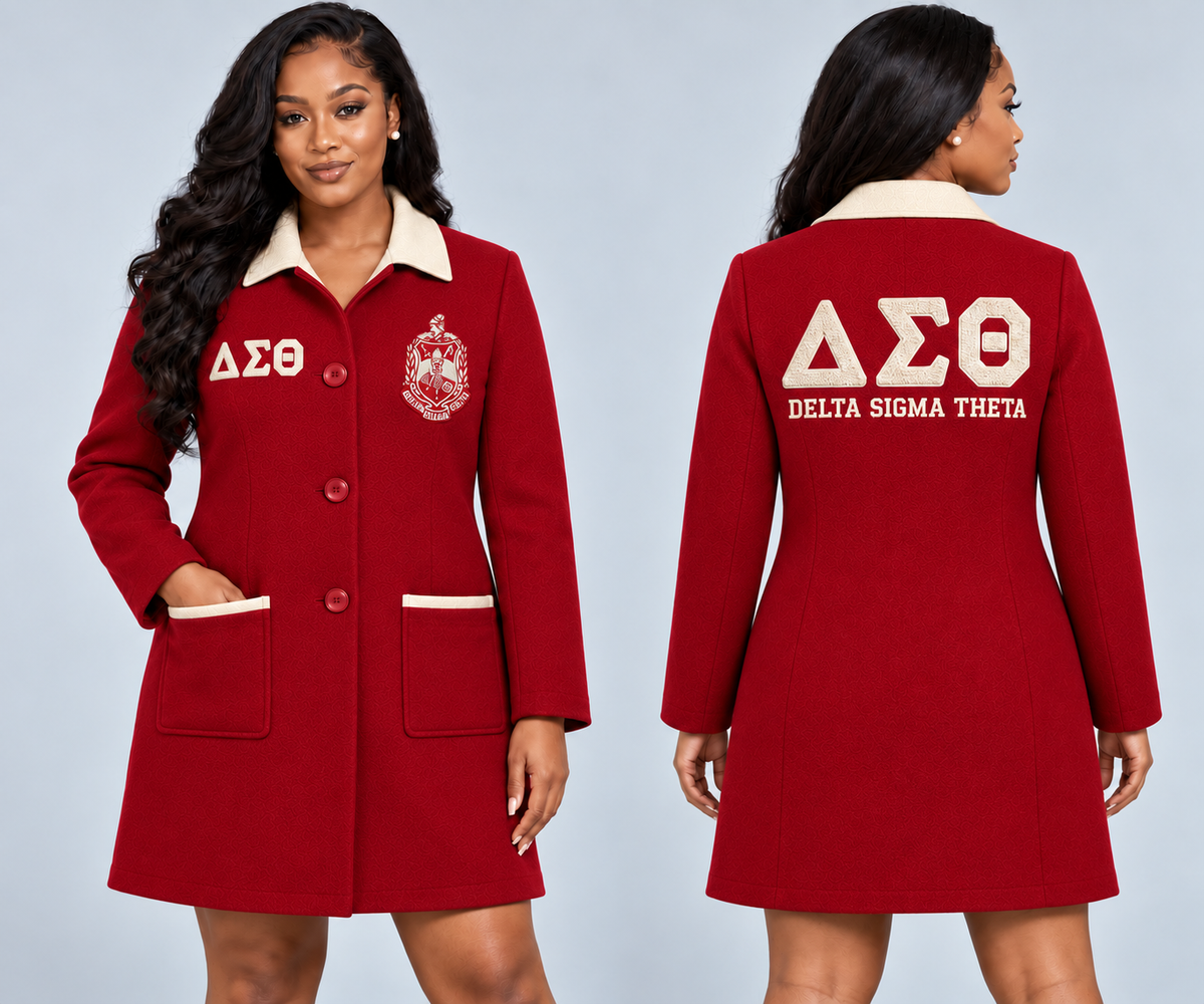 Black woman modeling Delta Sigma Theta crimson and cream fitted premium wool blend coat with chenille Greek letters and embroidered crest, front and back views.
