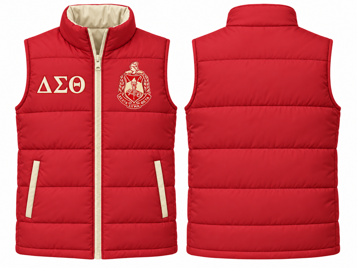 Delta Sigma Theta crimson and cream custom embroidered puffer vest front and back