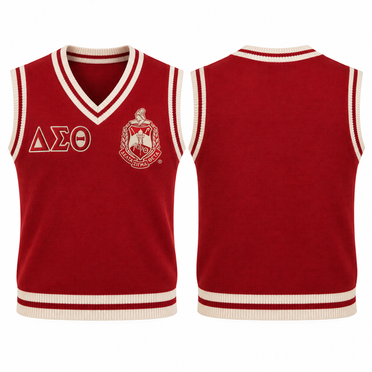 Delta Sigma Theta crimson and cream varsity sweater vest front and back