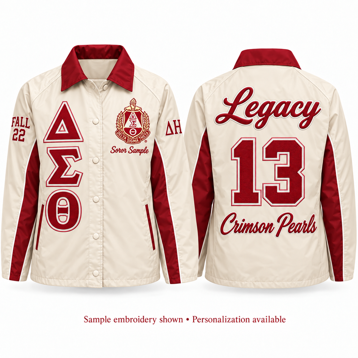 Delta Sigma Theta custom embroidered cream and crimson line jacket front and back personalization example