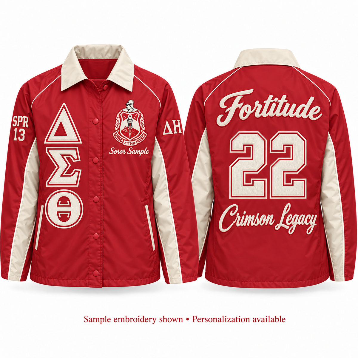 Delta Sigma Theta custom embroidered crimson and cream line jacket front and back personalization example