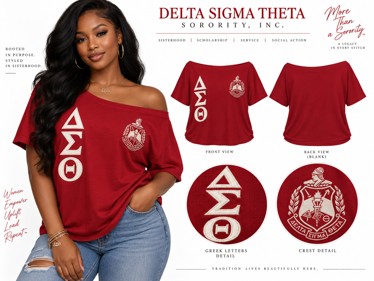 Delta Sigma Theta women's off-shoulder embroidered tee crimson and cream