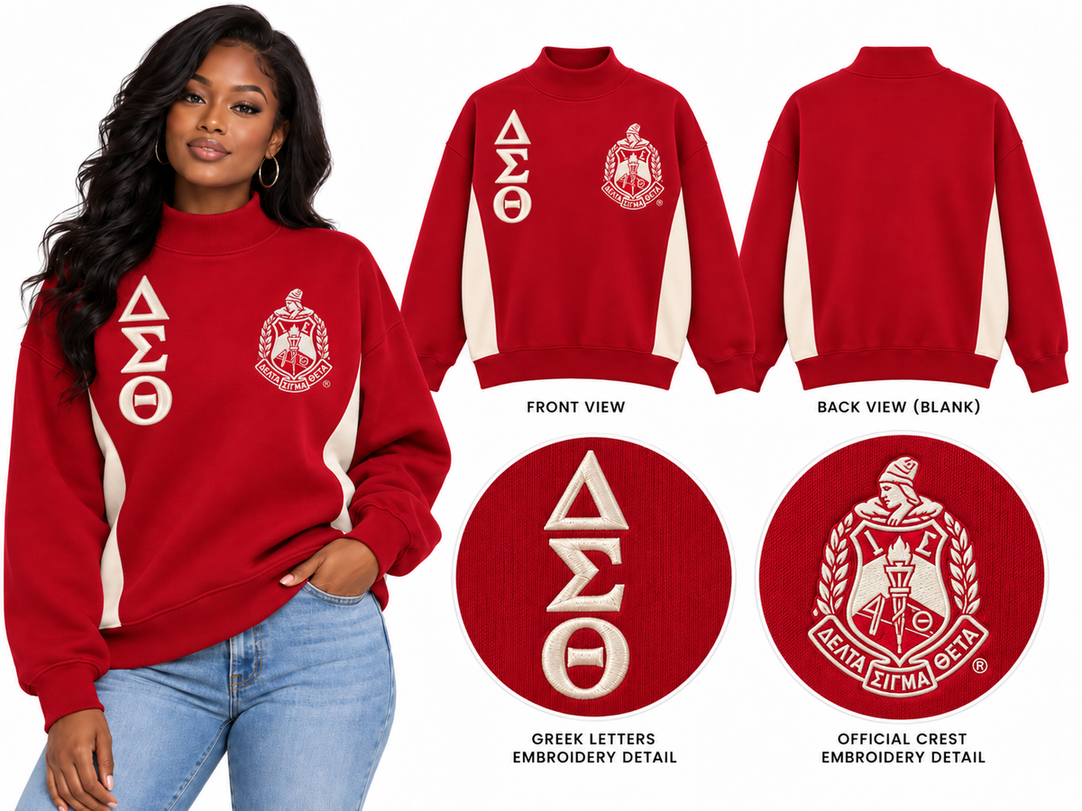 Delta Sigma Theta oversized mock-neck embroidered sweatshirt crimson and cream
