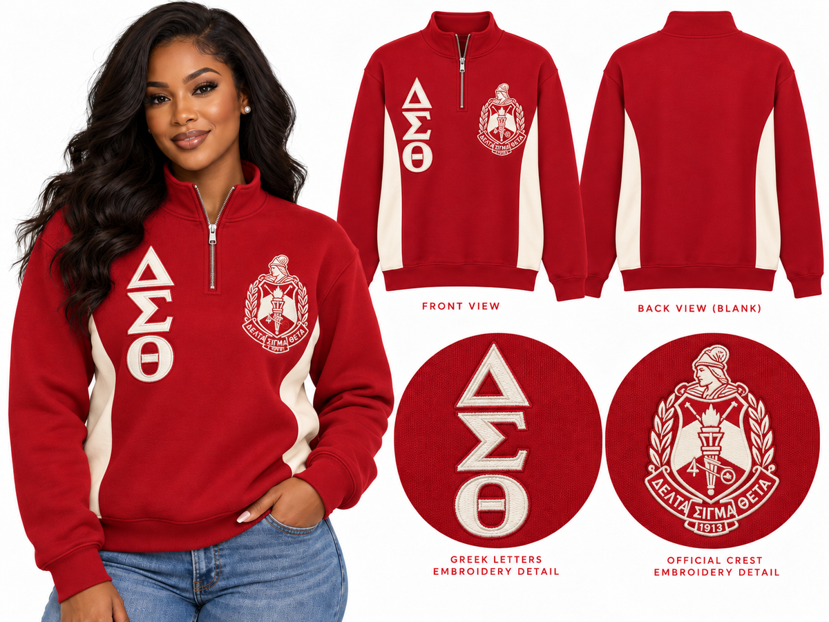 Delta Sigma Theta embroidered quarter zip pullover crimson and cream