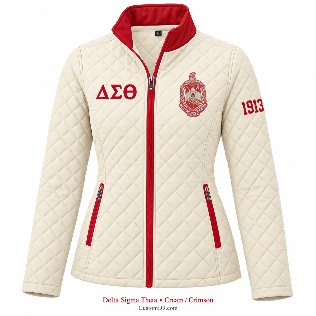 Delta Sigma Theta quilted jacket in Cream and Crimson; original crest, ΔΣΘ and 1913 sleeve customization example