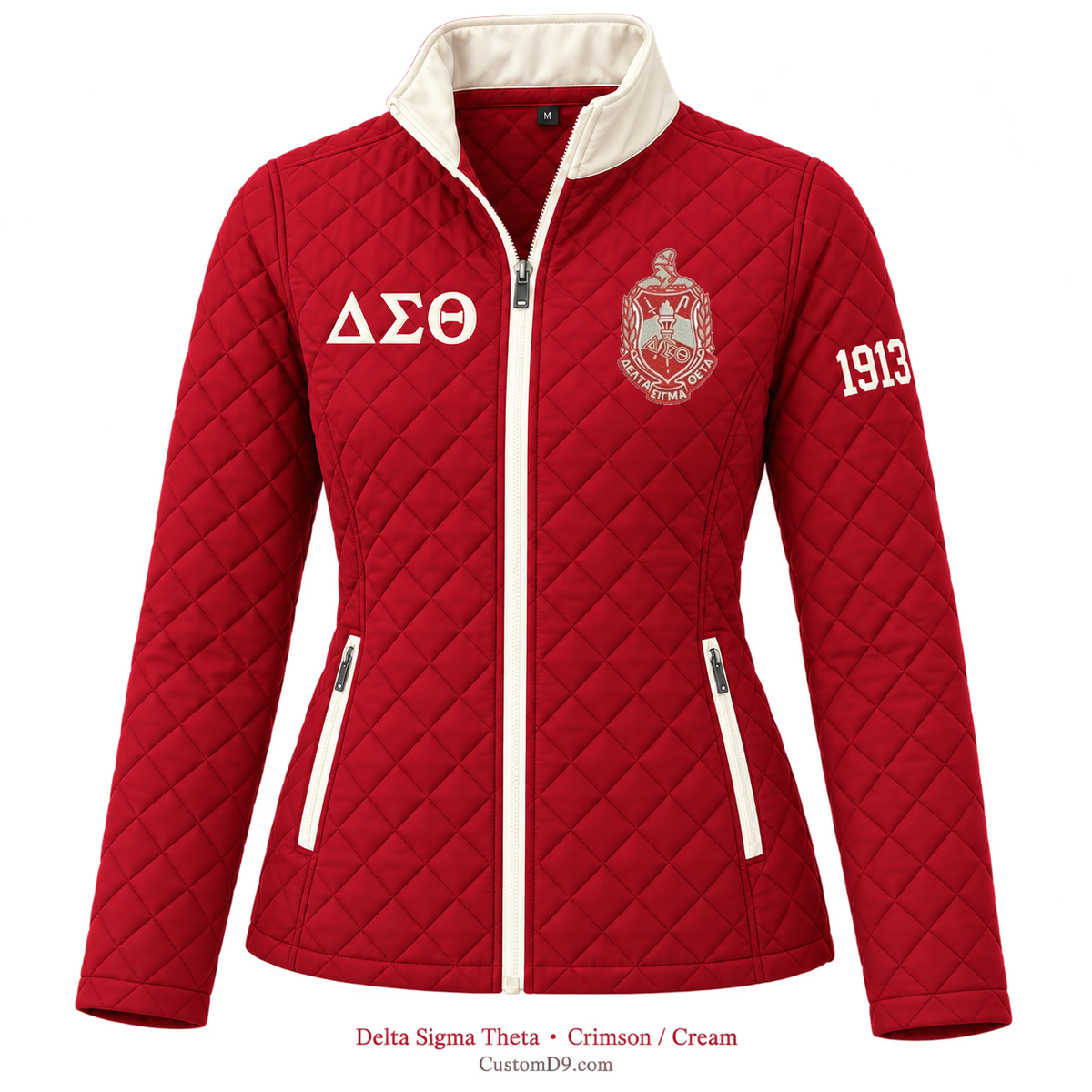 Delta Sigma Theta quilted jacket in Crimson and Cream; original crest, ΔΣΘ and 1913 sleeve customization example