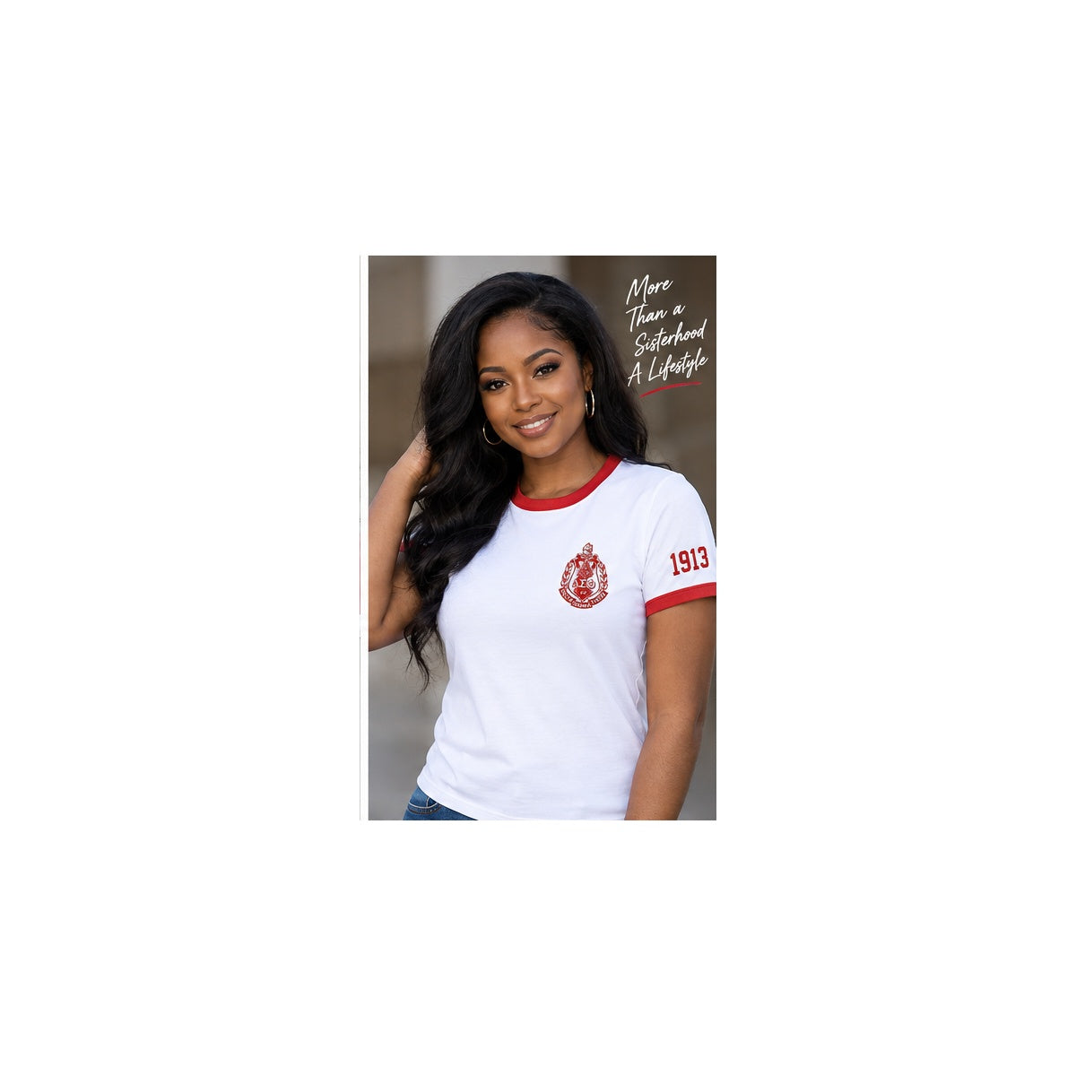 Black woman modeling cream Delta Sigma Theta ringer T-shirt with red trim, left chest crest and 1913 on the same-side sleeve