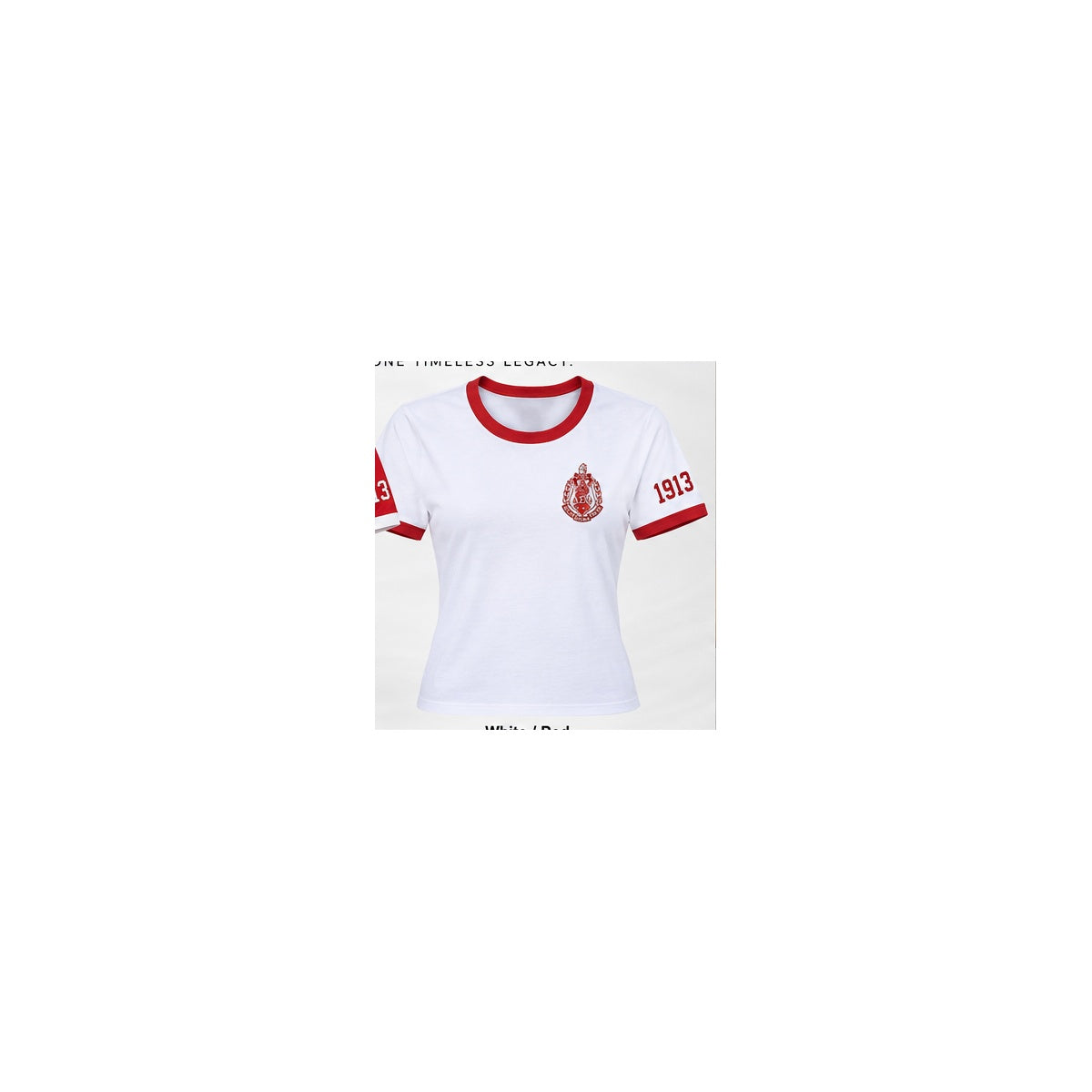 Cream Delta Sigma Theta ringer T-shirt with red trim, standard left chest crest and 1913 on the crest-side sleeve