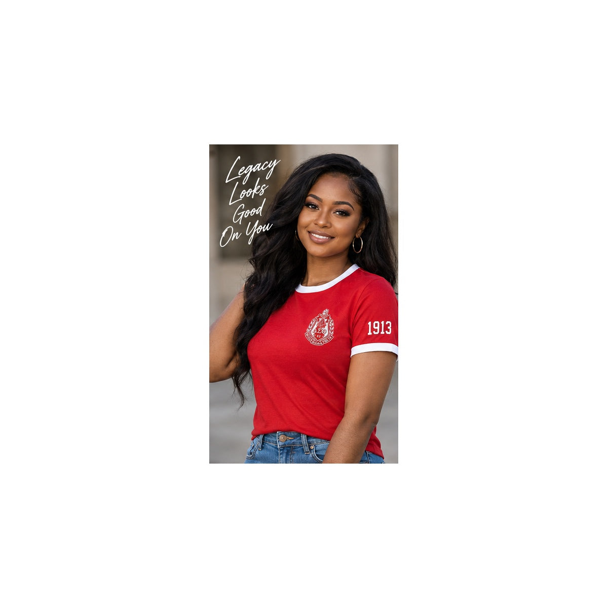 Black woman modeling red Delta Sigma Theta ringer T-shirt with cream trim, left chest crest and 1913 on the same-side sleeve