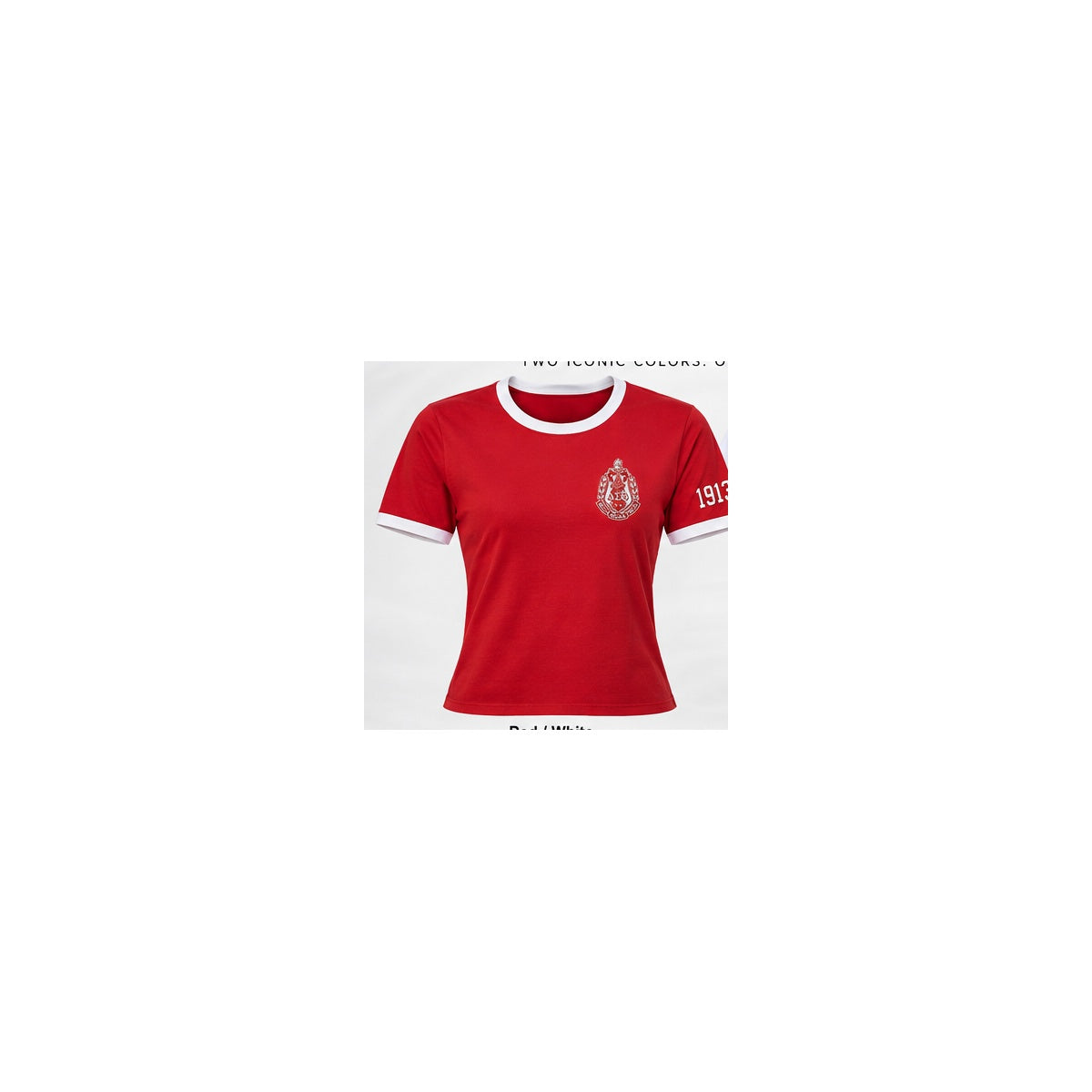 Red Delta Sigma Theta ringer T-shirt with cream trim, standard left chest crest and 1913 on the crest-side sleeve