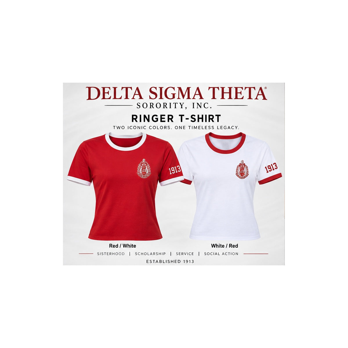 Delta Sigma Theta ringer T-shirts in red with cream trim and cream with red trim, standard left chest crest and 1913 on the crest-side sleeve