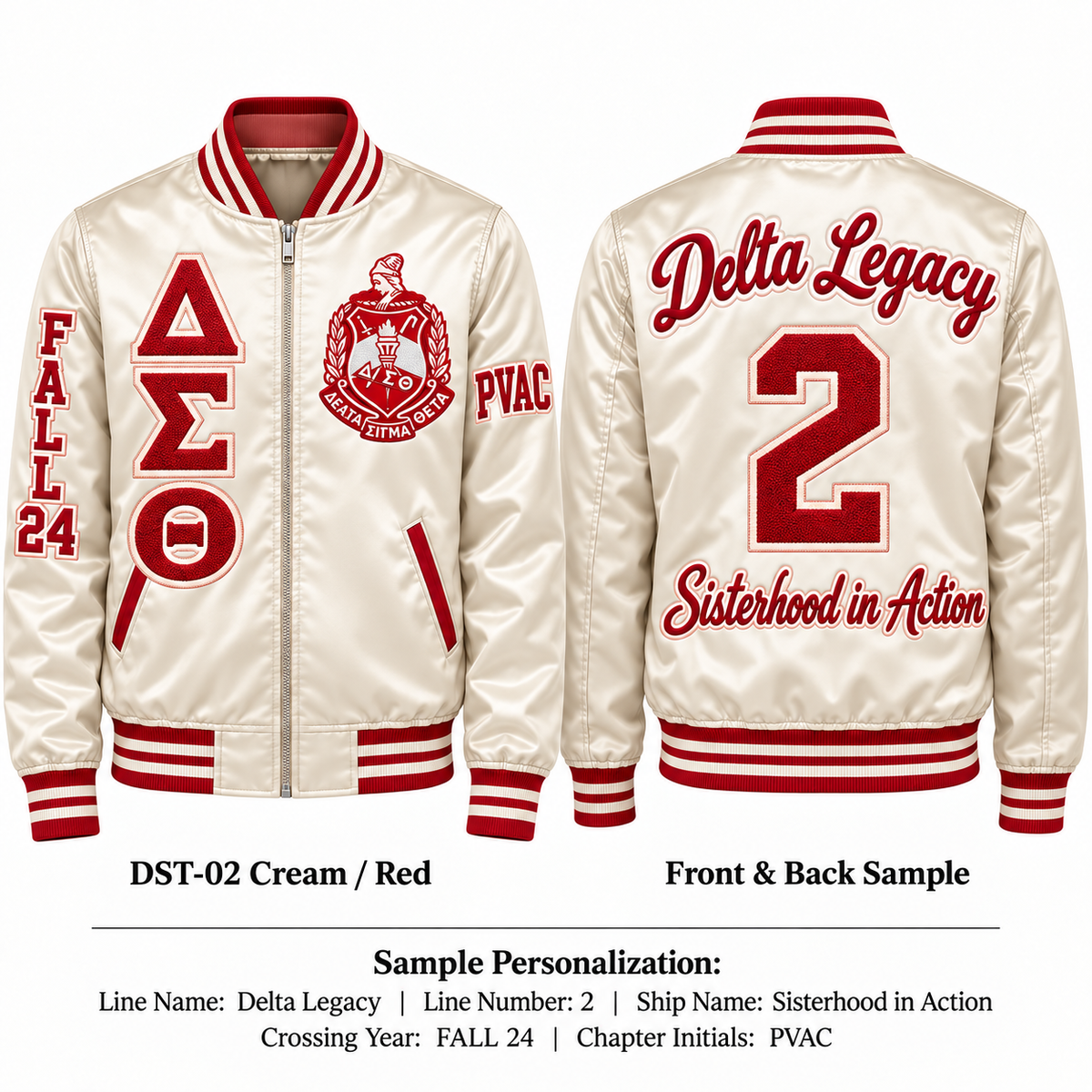 Delta Sigma Theta custom embroidered satin bomber jacket cream and red front and back personalization sample