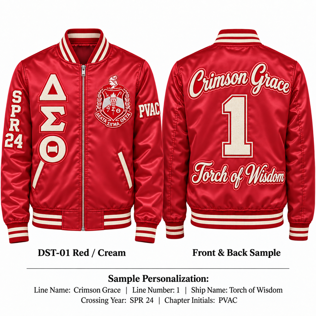 Delta Sigma Theta custom embroidered satin bomber jacket red and cream front and back personalization sample