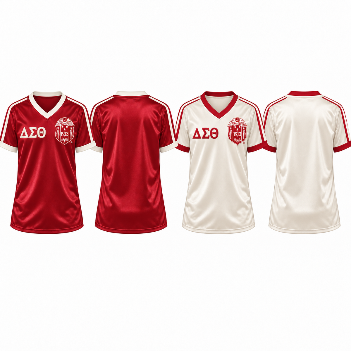 Delta Sigma Theta crimson and cream satin football jersey colorways front and back