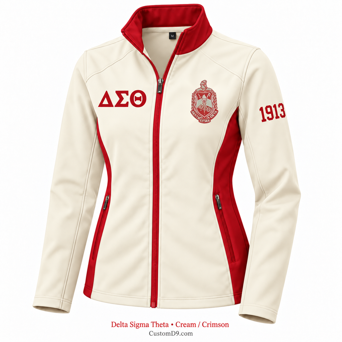 Delta Sigma Theta Custom Softshell Jacket – Cream / Crimson; original crest artwork, Greek letters and founding year customization example