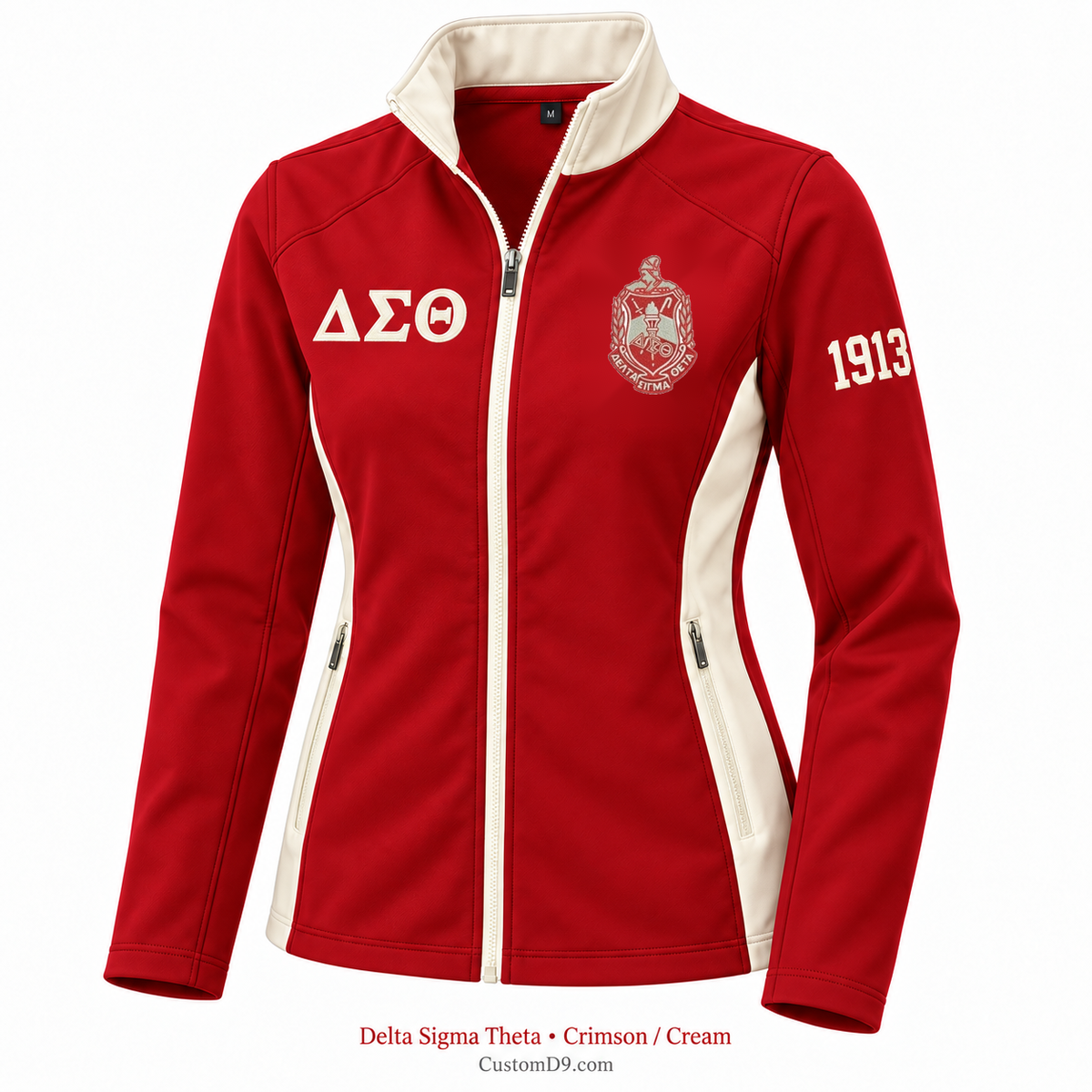 Delta Sigma Theta Custom Softshell Jacket – Crimson / Cream; original crest artwork, Greek letters and founding year customization example