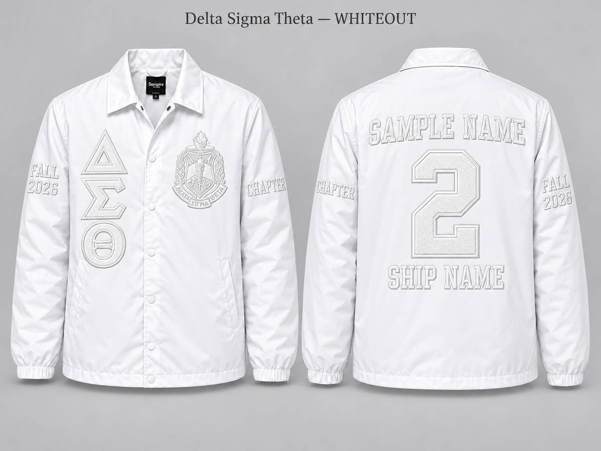 Delta Sigma Theta Whiteout line jacket with sample front back and sleeve embroidery