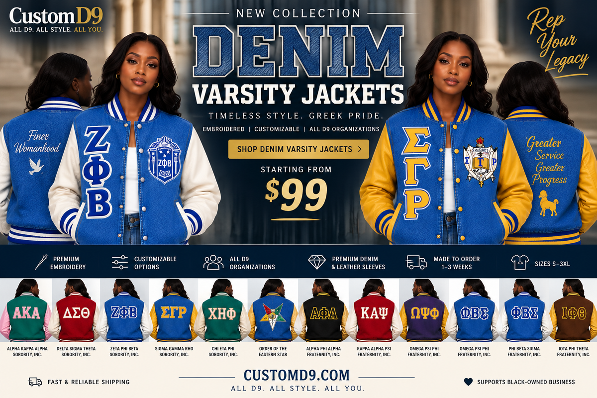 CustomD9 Denim Varsity Jackets collection banner featuring D9 varsity jacket styles